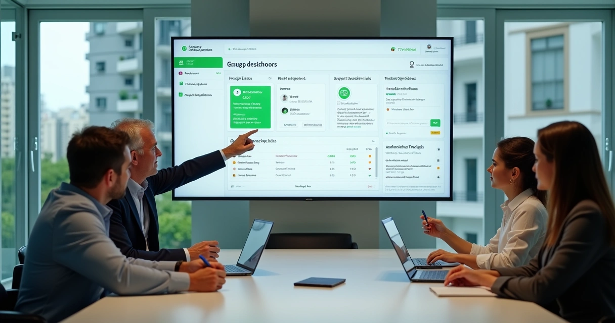 Síndicos em reunião analisando conversas de WhatsApp em tela com painel de atendimento organizado
