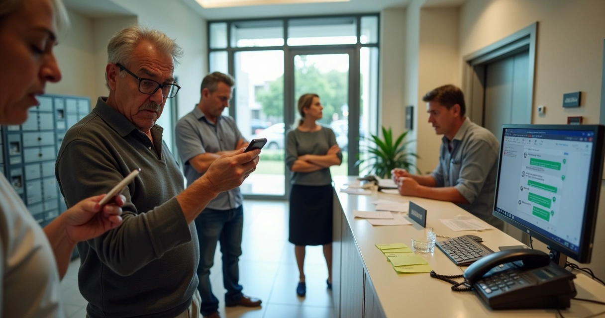 Moradores irritados na portaria discutindo atendimento ruim do condomínio