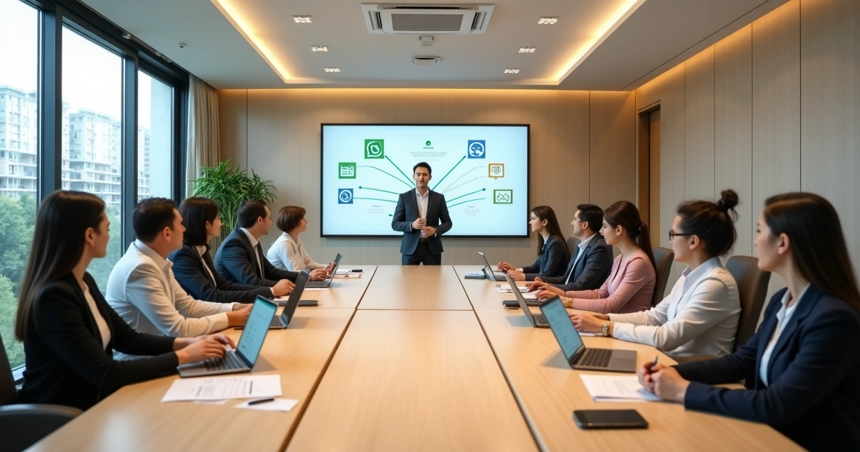 Síndico e administradora explicando informações de condomínio para moradores em uma reunião