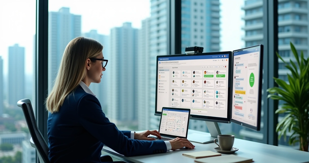 Síndico controlando vários condomínios em painel digital com conversa de WhatsApp na tela
