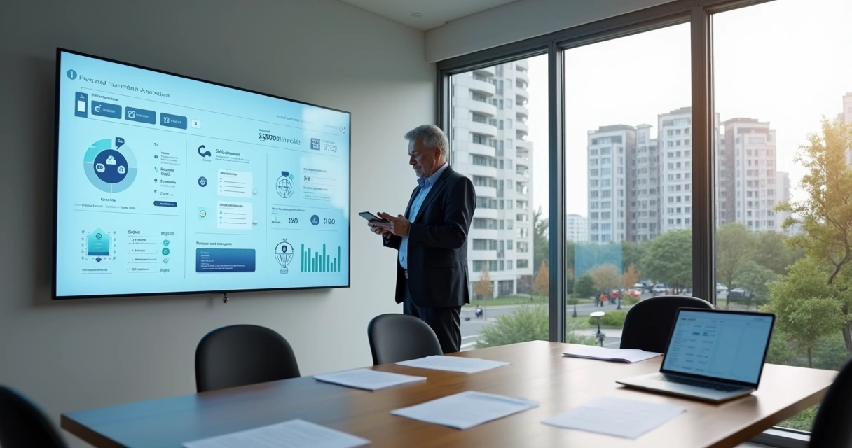 Síndico em sala de reuniões usando painel digital com ícones de inteligência artificial para gestão de condomínio