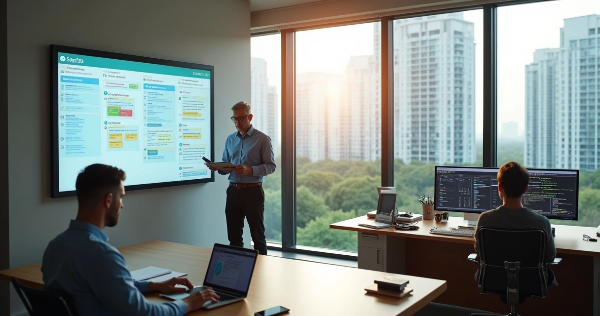 Síndico organizando demandas do condomínio em painel digital com equipe ao fundo