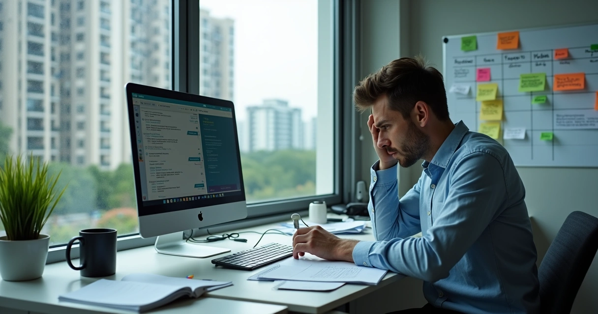 Síndico sobrecarregado em escritório de condomínio com muitos pedidos e documentos