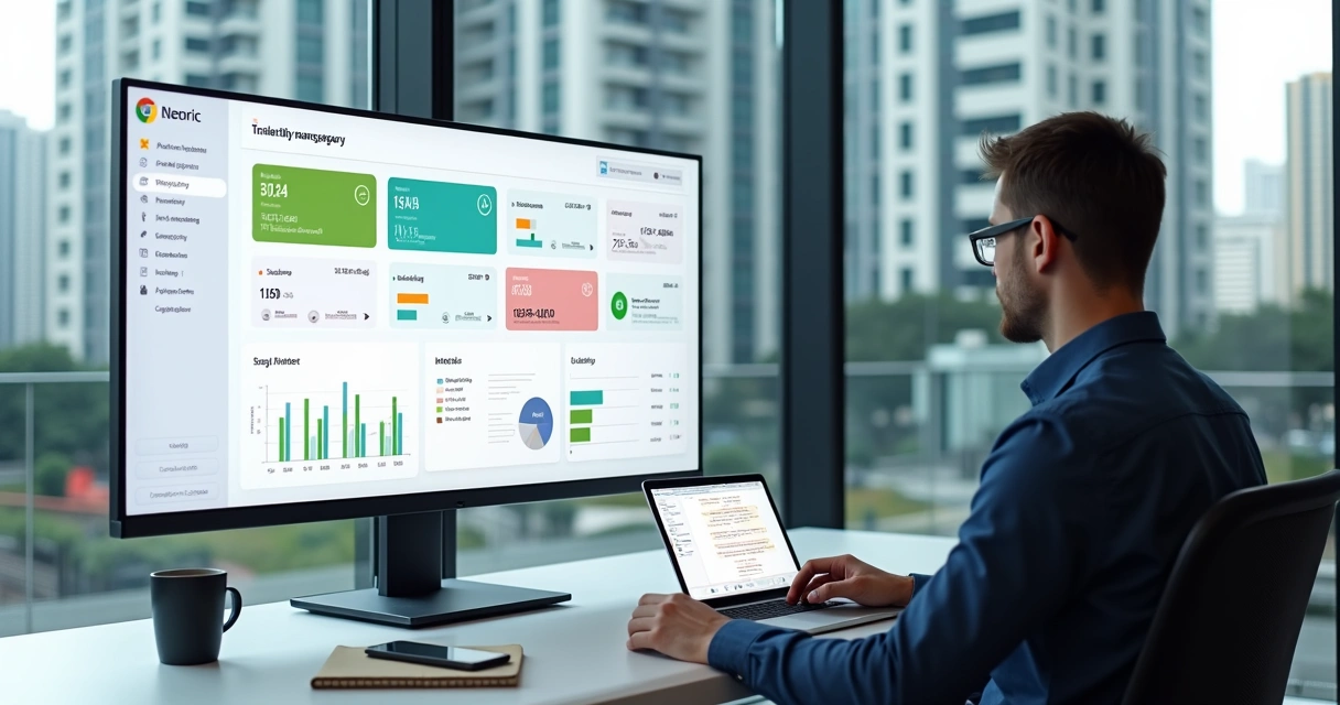 Síndico em escritório usando sistema inteligente de gestão condominial no computador com painel de controle digital