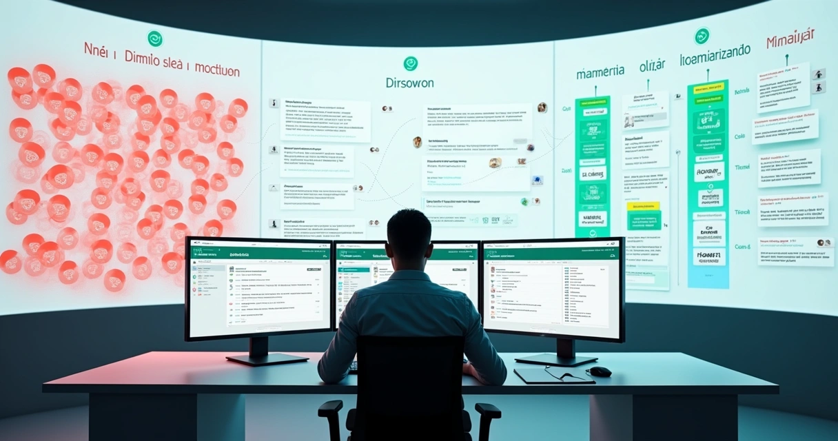 Painel digital com demandas, ícones de conversa repetida e atendente controlando fila de atendimentos de condomínio