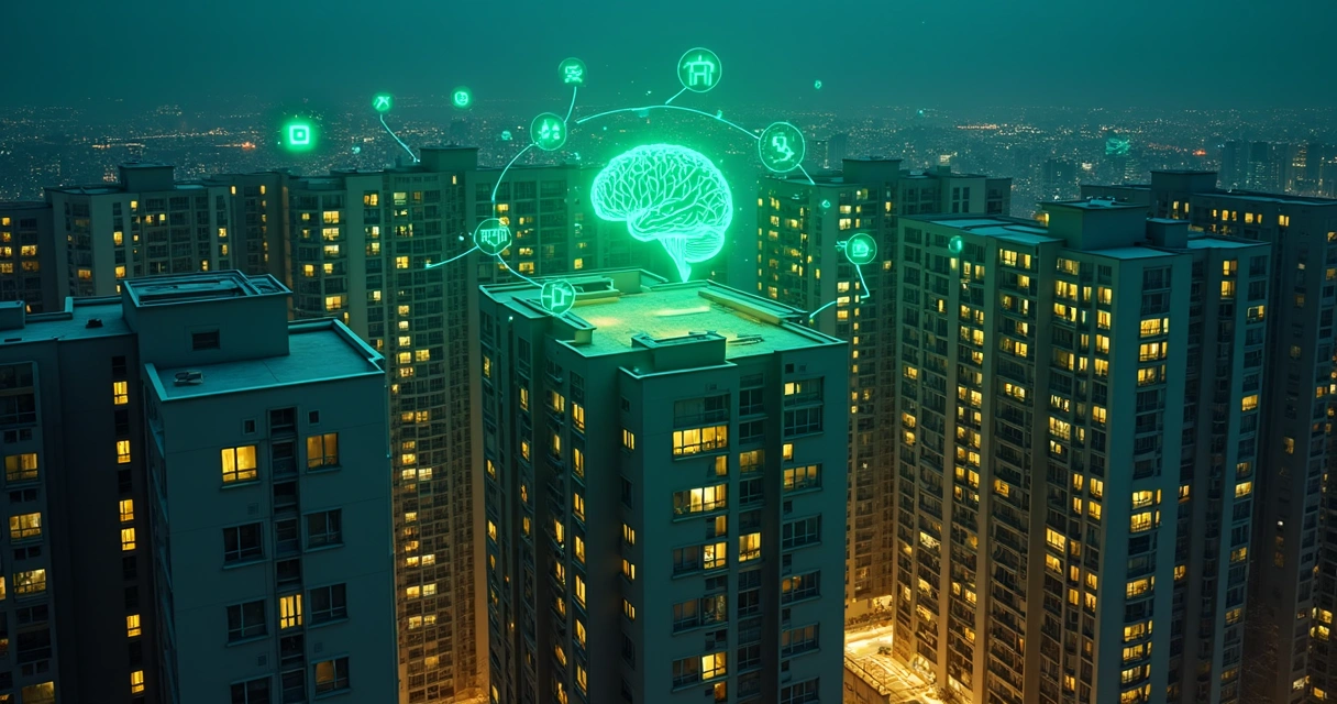 Vista aérea de condomínio à noite conectado por linhas digitais verdes de mensagens