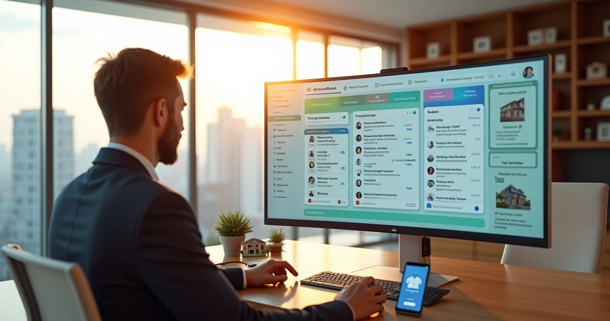 Corretora em escritório imobiliário usando painel digital com chatbot integrado ao WhatsApp e CRM