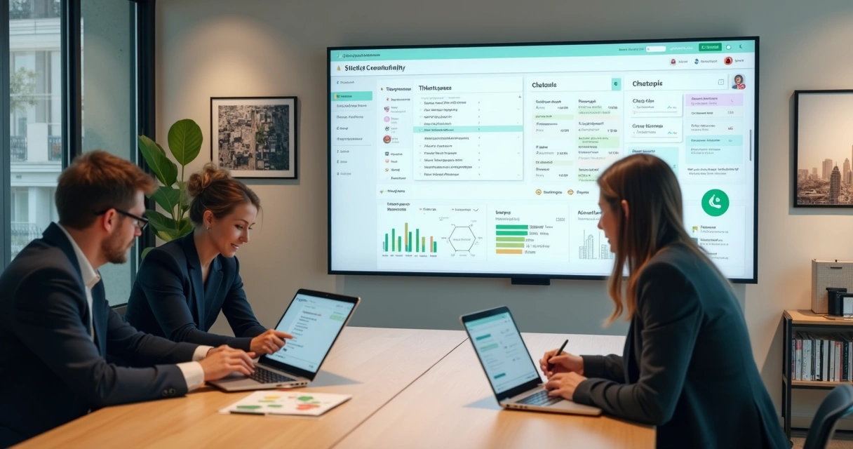 Equipe de imobiliária analisando fluxo de atendimento do WhatsApp em painel digital