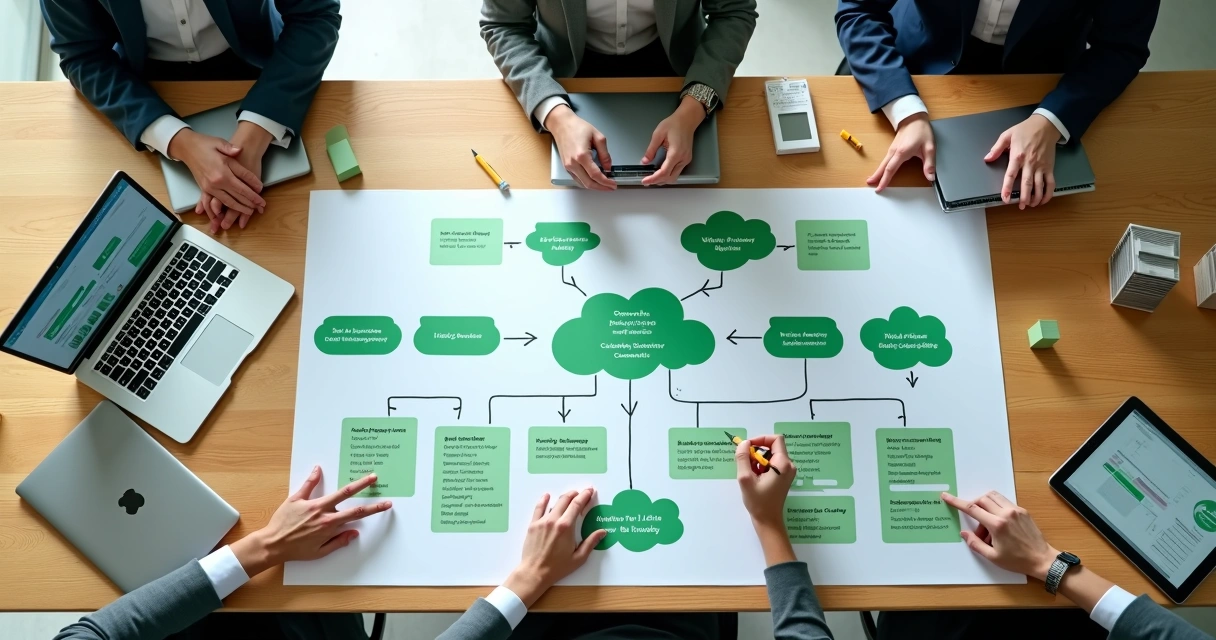 Mesa com mapa visual mostrando fluxo de atendimento centralizado do WhatsApp