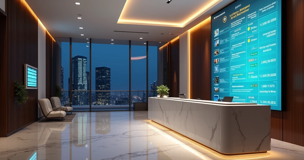 Recepção de condomínio à noite com painel mostrando fila de atendimentos digitais