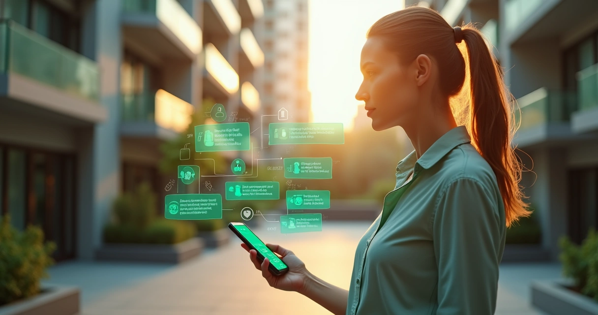 Síndica caminhando no condomínio com interface digital de IA sobreposta ao smartphone