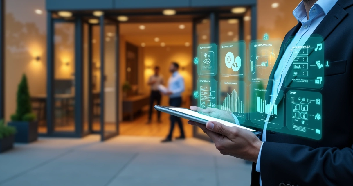 Síndico profissional em frente a fachada de condomínio usando tablet com painel digital flutuando