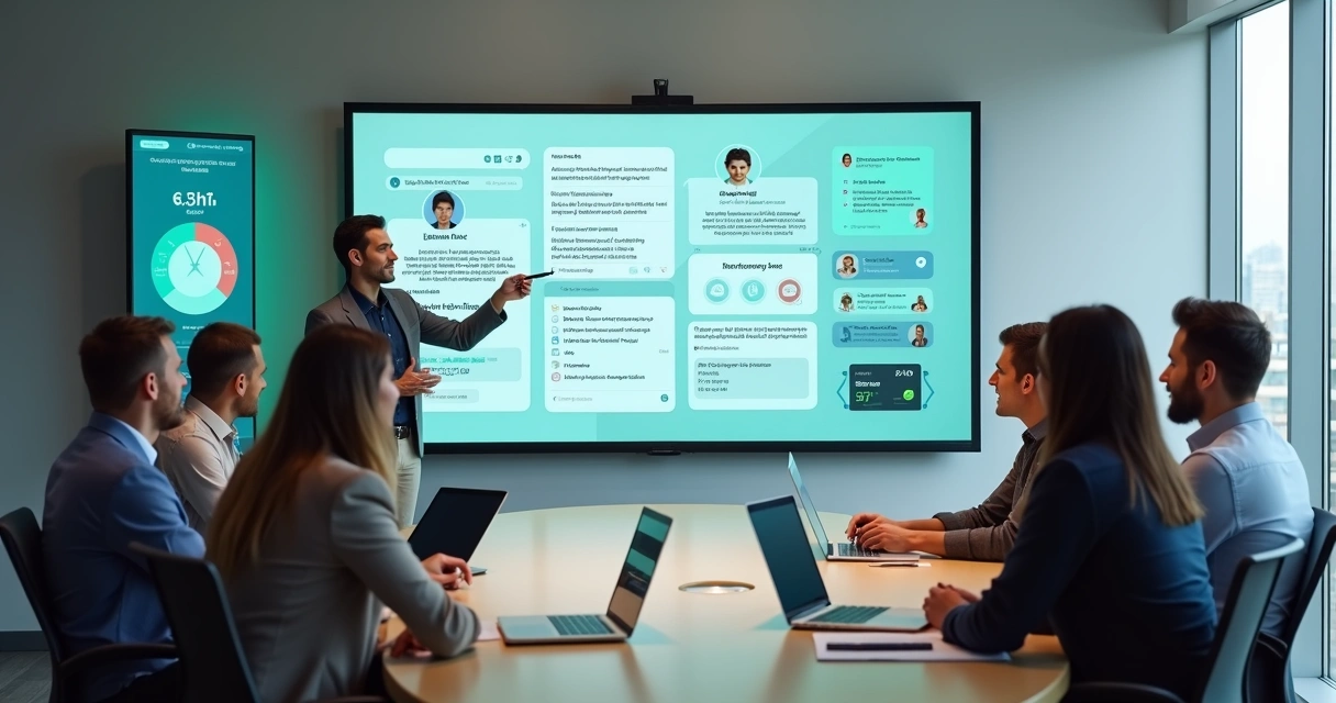 Equipe de atendimento em treinamento digital observando tela grande com simulação de chats