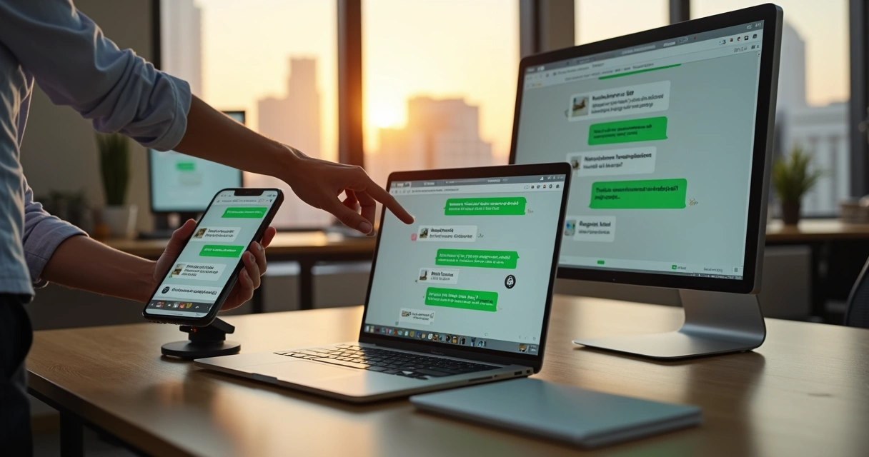 Corretor em escritório imobiliário acompanhando chatbot no WhatsApp atendendo vários clientes
