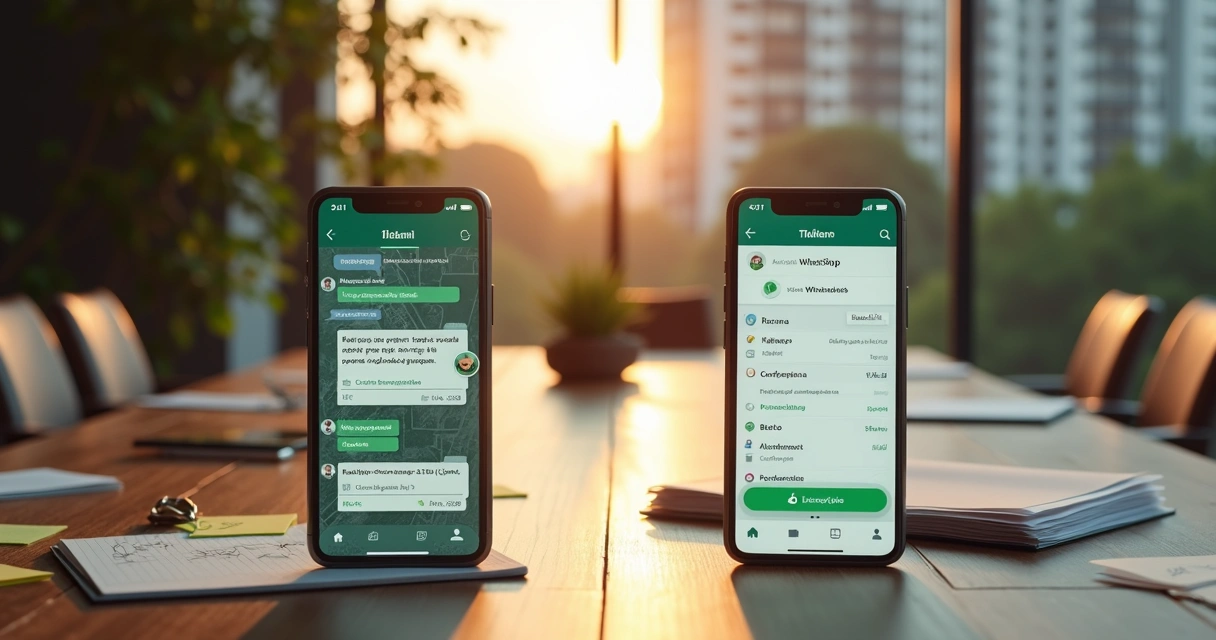 Mesa dividida ao meio mostrando comparação visual entre WhatsApp e aplicativo dedicado para condomínio