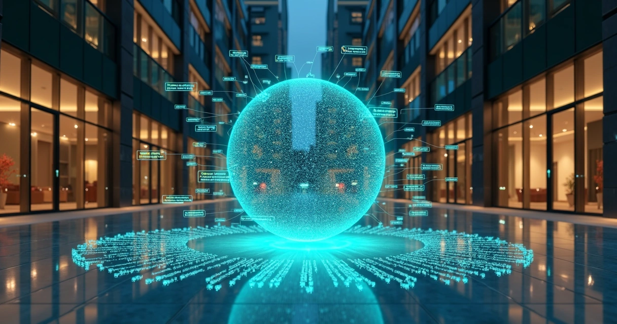 Painel 3D mostrando fluxo de mensagens organizadas por inteligência artificial em condomínio