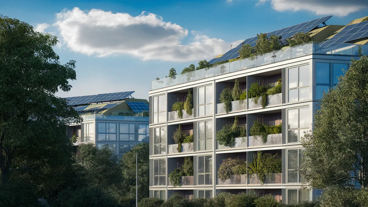 Edifício moderno com jardins verticais nas varandas, árvores ao redor e painéis solares no telhado.