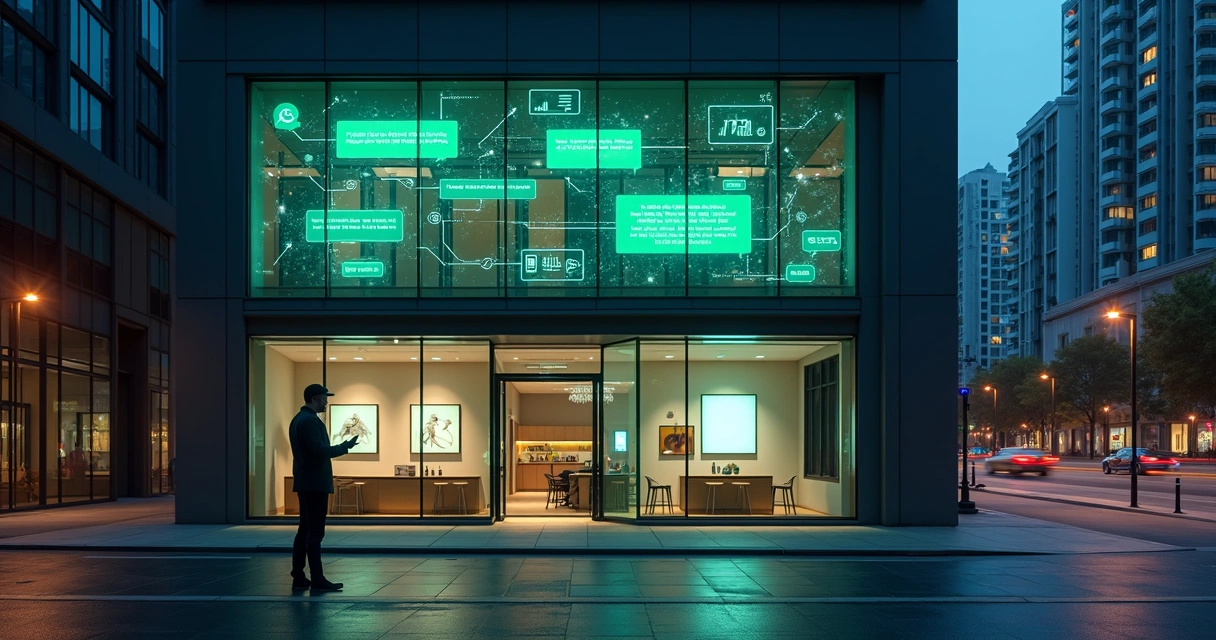 Fachada de imobiliária à noite com painel digital exibindo chatbot em conversa com cliente