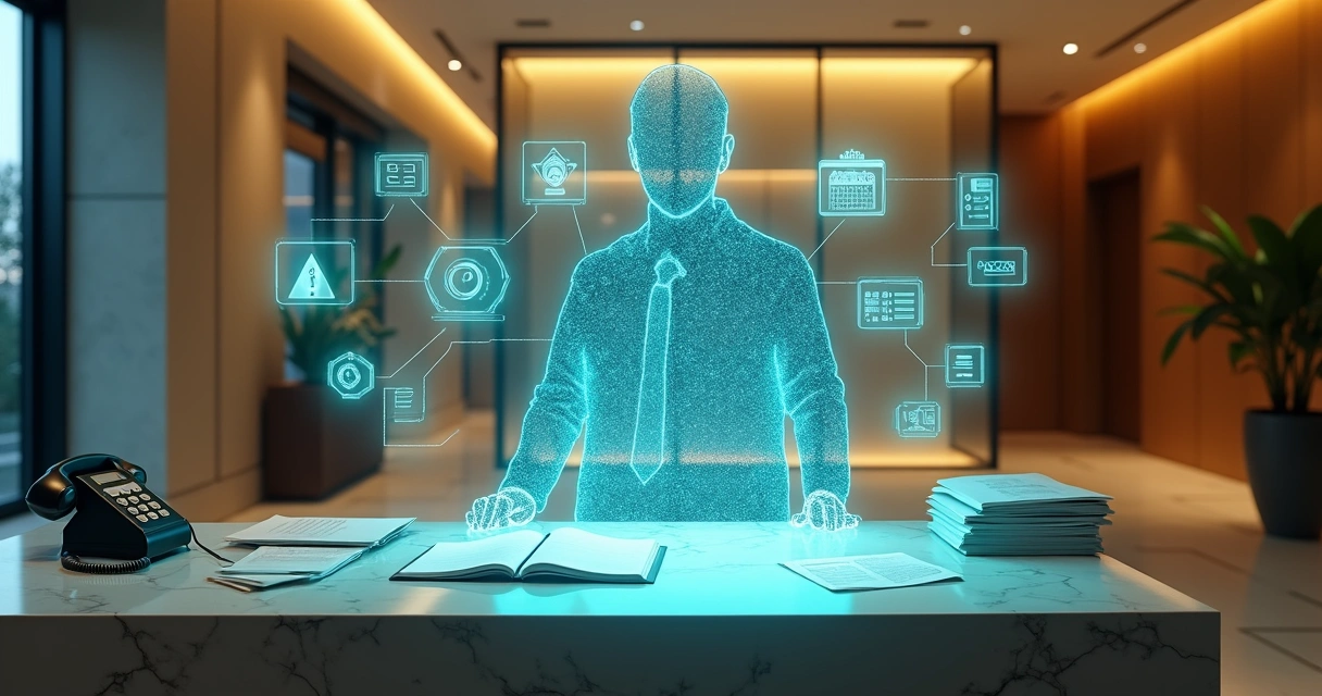 Portaria de condomínio com holograma de IA organizando problemas listados em tela digital