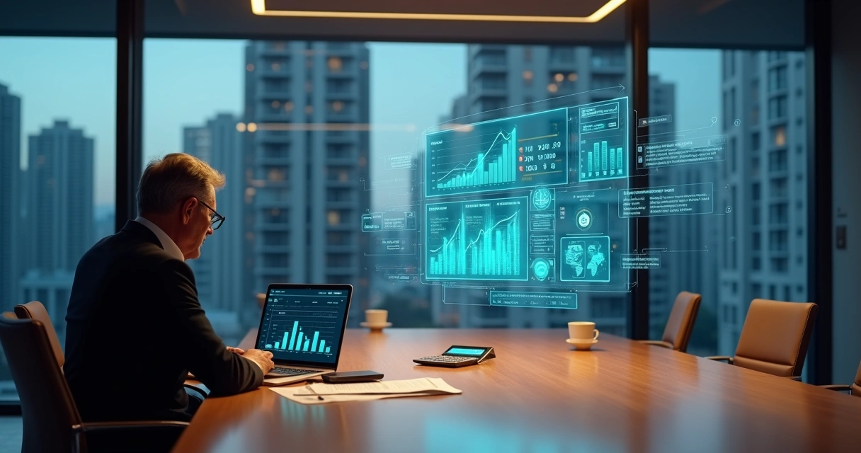 Síndico analisa painel financeiro digital com apoio de inteligência artificial
