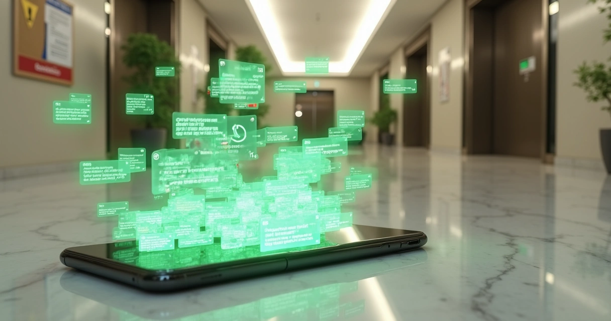 Celular com telas de conversa do WhatsApp sobrepostas em hall de condomínio