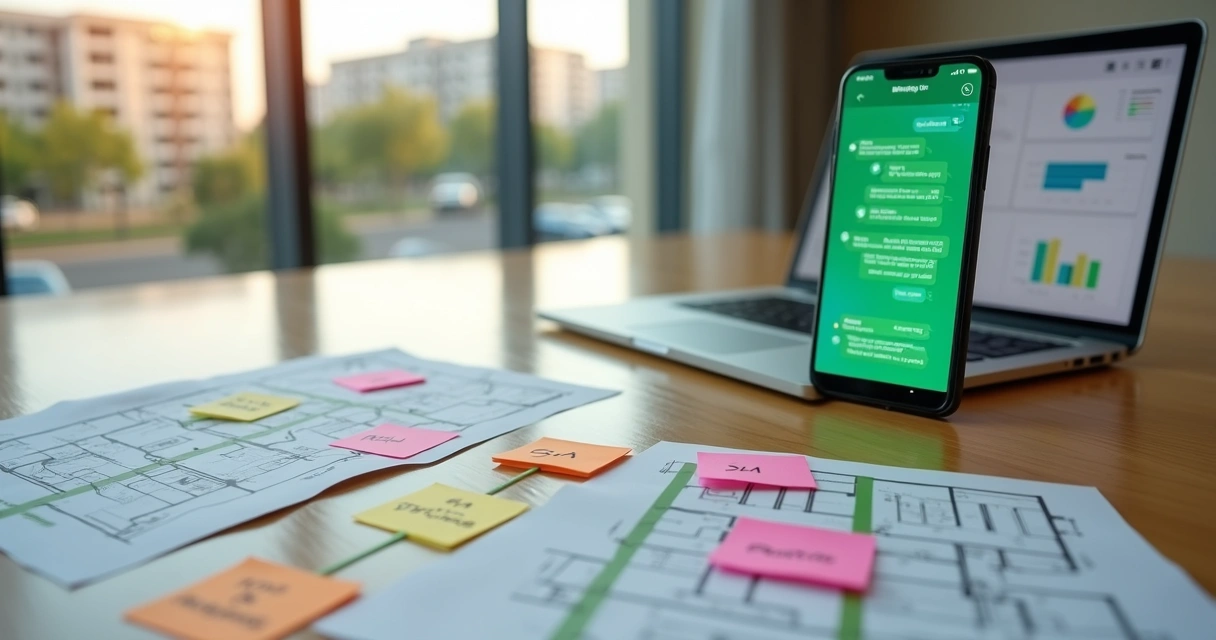 Mesa com smartphone exibindo atendimento de condomínio automatizado com IA no WhatsApp