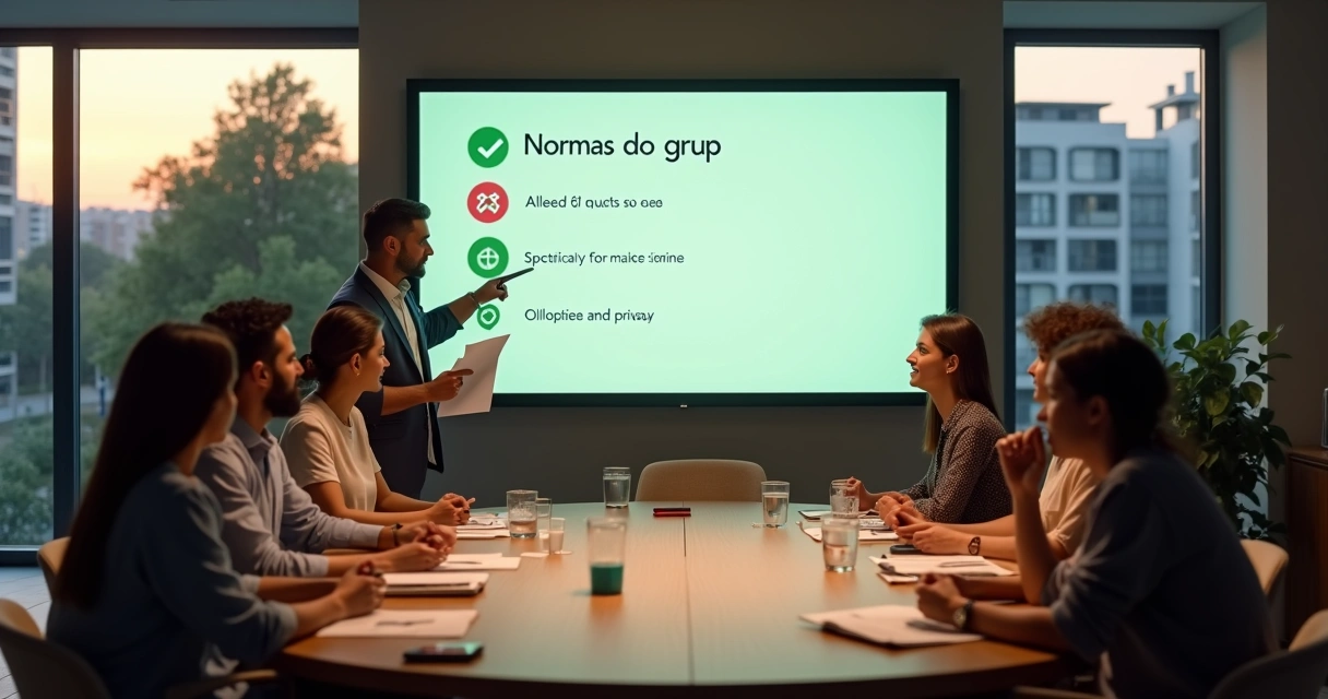 Síndico conduz reunião sobre regras de grupo de WhatsApp em salão de condomínio