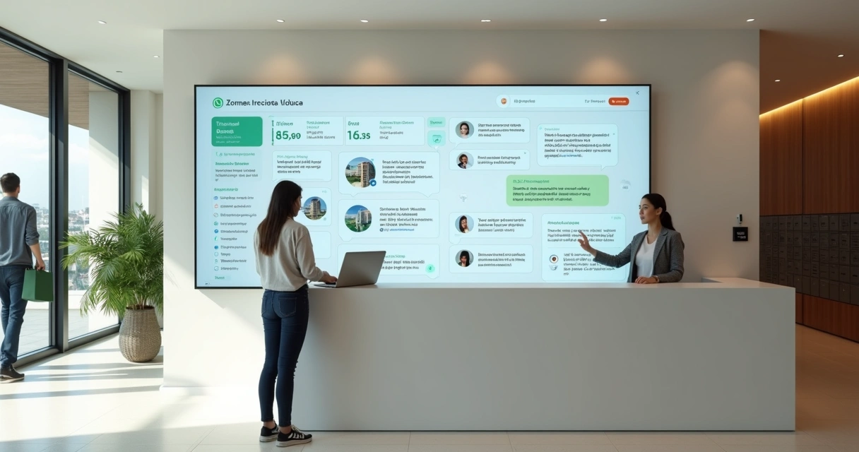 Recepcionista de condomínio usando painel digital de atendimento com integrações de IA