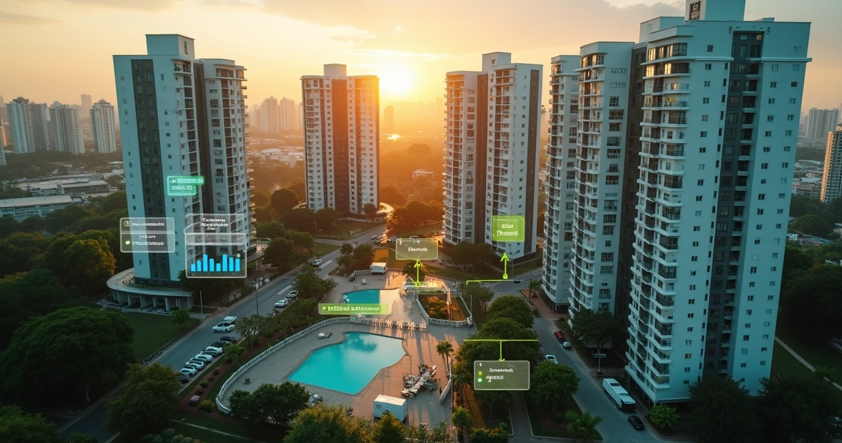 Vista aérea de condomínio residencial com sobreposição de painel digital organizado