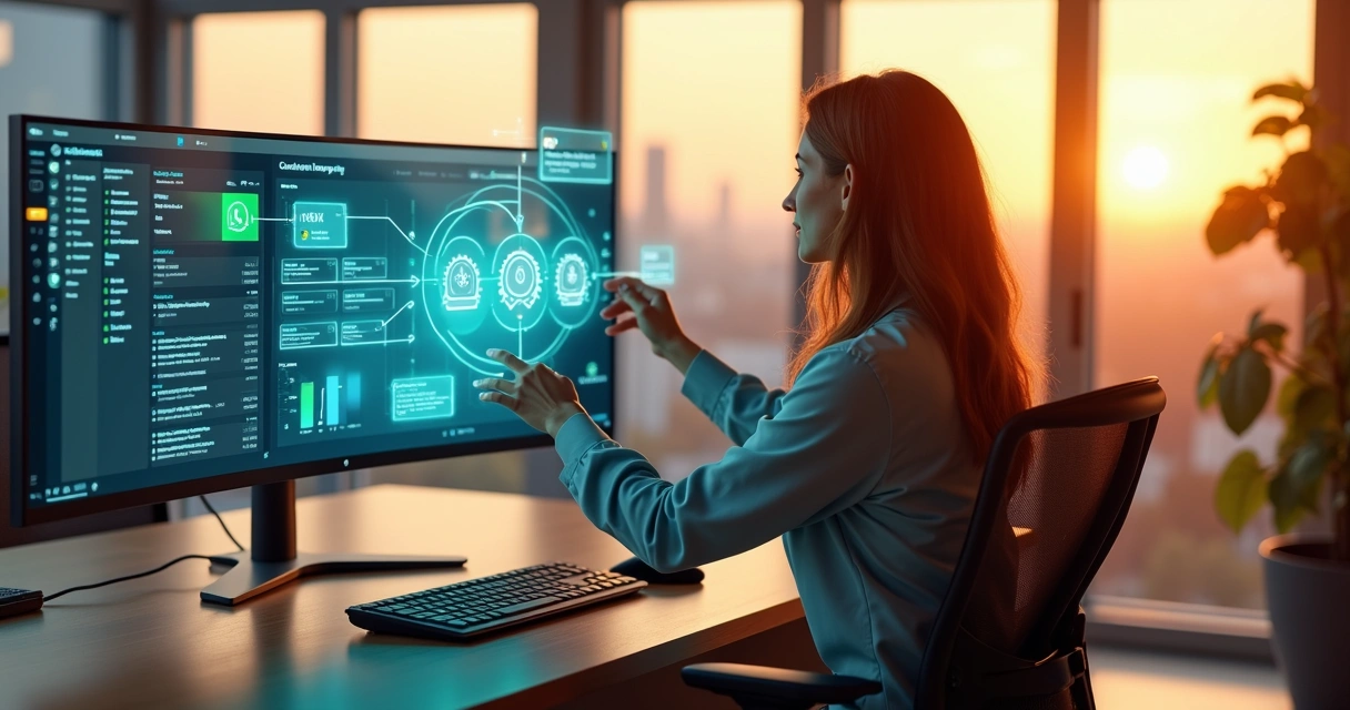 Gestora conecta painel de CRM com tela de plataforma de atendimento em escritório moderno