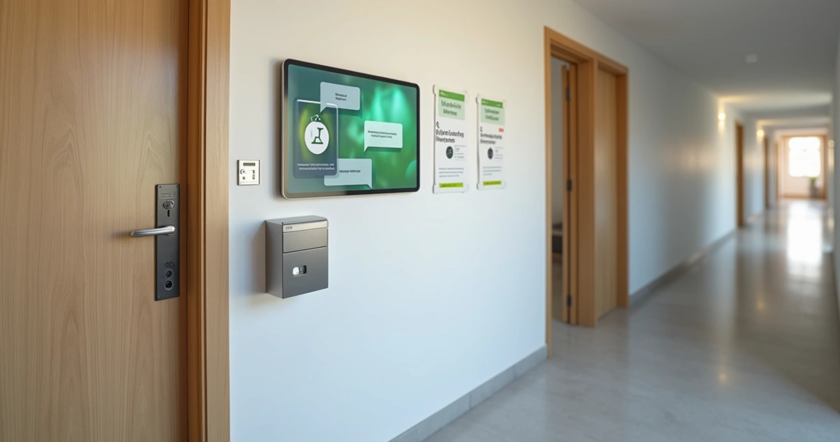 Porta de madeira de condomínio com avisos sobre mensagens automáticas e regras legais colados ao lado de uma caixa de correio digital