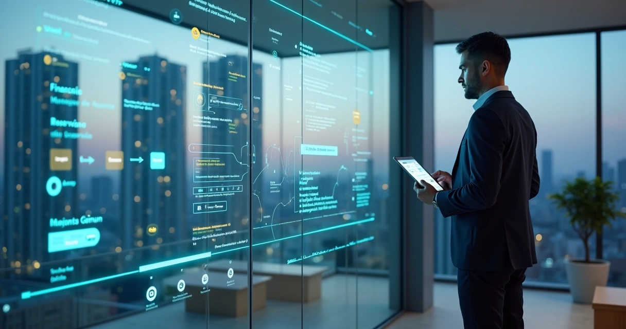 Síndico analisa painel digital com chatbot organizando atendimento de condomínio