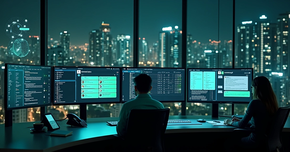 Central de atendimento condominial com tela exibindo WhatsApp integrado à inteligência artificial