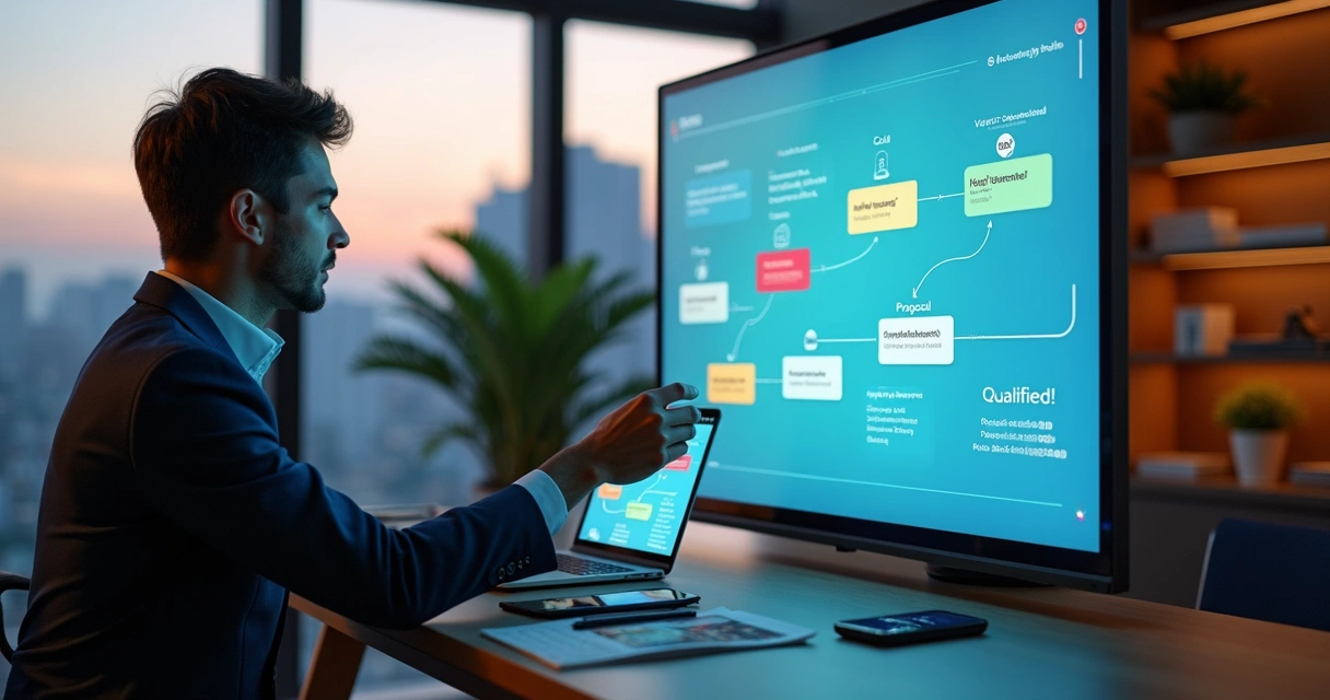 Corretor de imóveis analisando quadro digital com funil de leads organizados